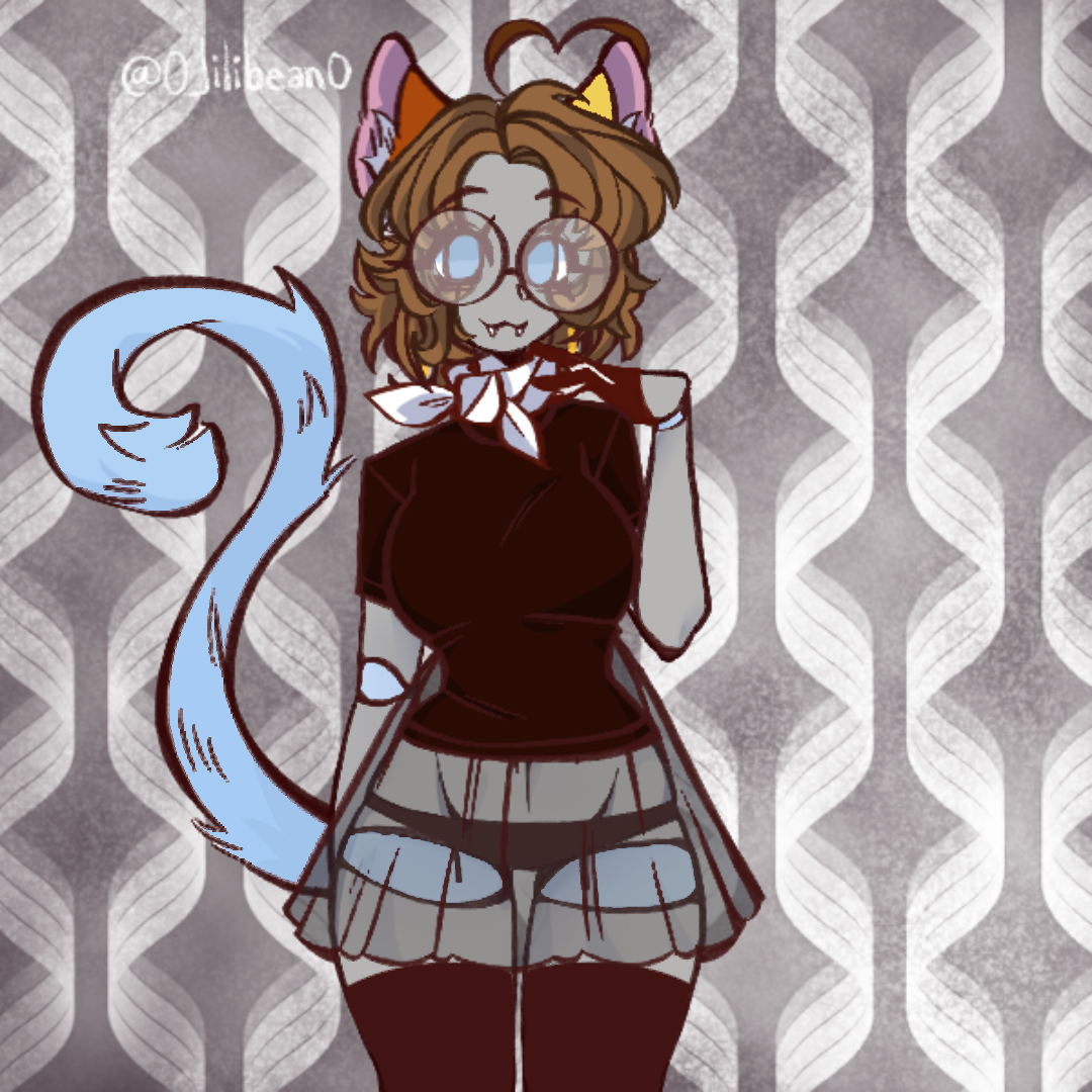 Picrew or a cute grey skinned robot catgirl with its body segmented with blue ball bearings in between them, its got brown hair, and blue glowing robot eyes, it has orange and yellow cat ears, and a big blue tail, it's wearing really big round glasses, its got a white tied bow collar around it's neck, it's wearing a black tight top that enforces its feminine look, it's also got no pants and only panties that are covered by a translucent mesh skirt, and is wearing long black stockings  :3