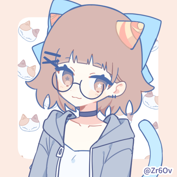 Character i made in pricrew, she has white skin, brown hair weird red yellow fake horns, a blue blow on her head, brown eyes with stars in them, she's wearing round glasses, got two pairs of earrings, she's also has a collar, she's got a basic gray hoodie thing, also she got a tail :3